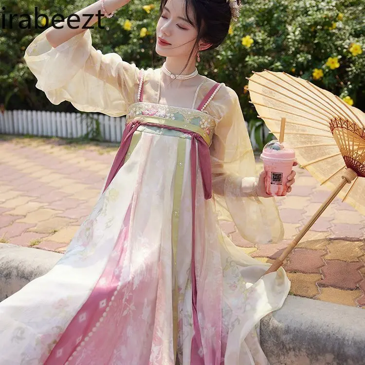 Chest-length Printed National Style Pleated Long Robe on Daily Tang-style Spring and Summer Hanfu Small Super Fairy Suit
