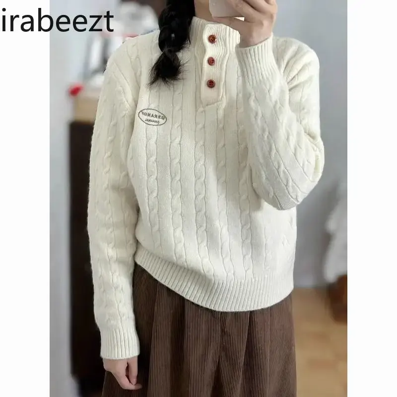 Regulai Fit White Pull Coreen Half Turtleneck Thick Sweater for Women Autumn Winter 2024 Embroidered Twist Knit Pullover Top