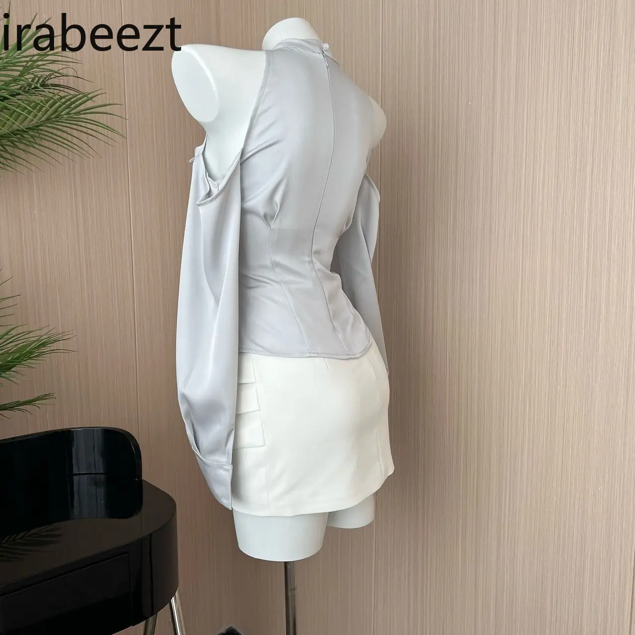 2025 Summer New Irregular Off-shoulder Halter Neck Satin Shirt Women Slim Fit Skirt Costume Deux Pieces Femme