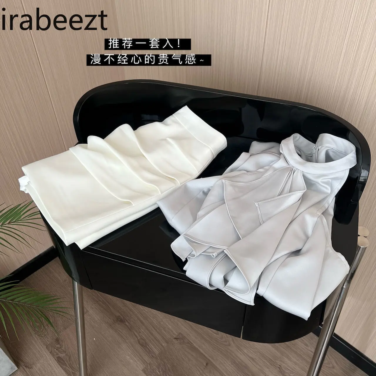 2025 Summer New Irregular Off-shoulder Halter Neck Satin Shirt Women Slim Fit Skirt Costume Deux Pieces Femme