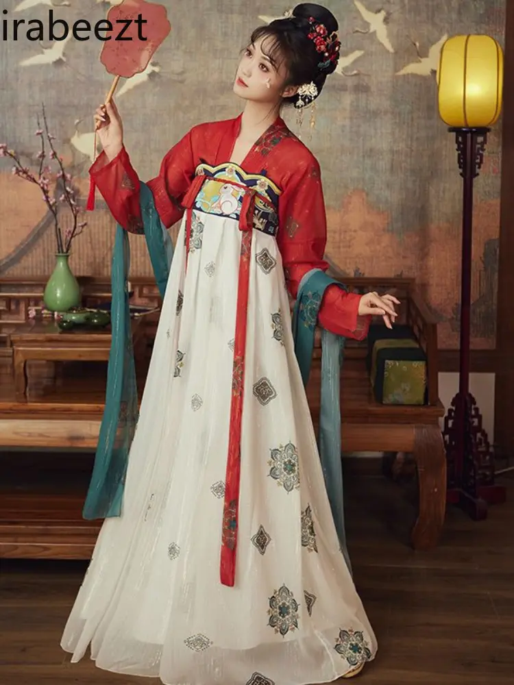 Original Tang Dynasty Thin Chest-length Skirt and Blouse Mid-Autumn Festival Set Girl Daily Chinese Traditional Dress Red Hanfu