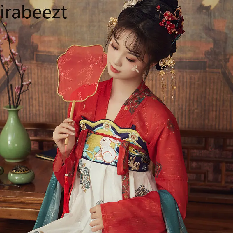 Original Tang Dynasty Thin Chest-length Skirt and Blouse Mid-Autumn Festival Set Girl Daily Chinese Traditional Dress Red Hanfu