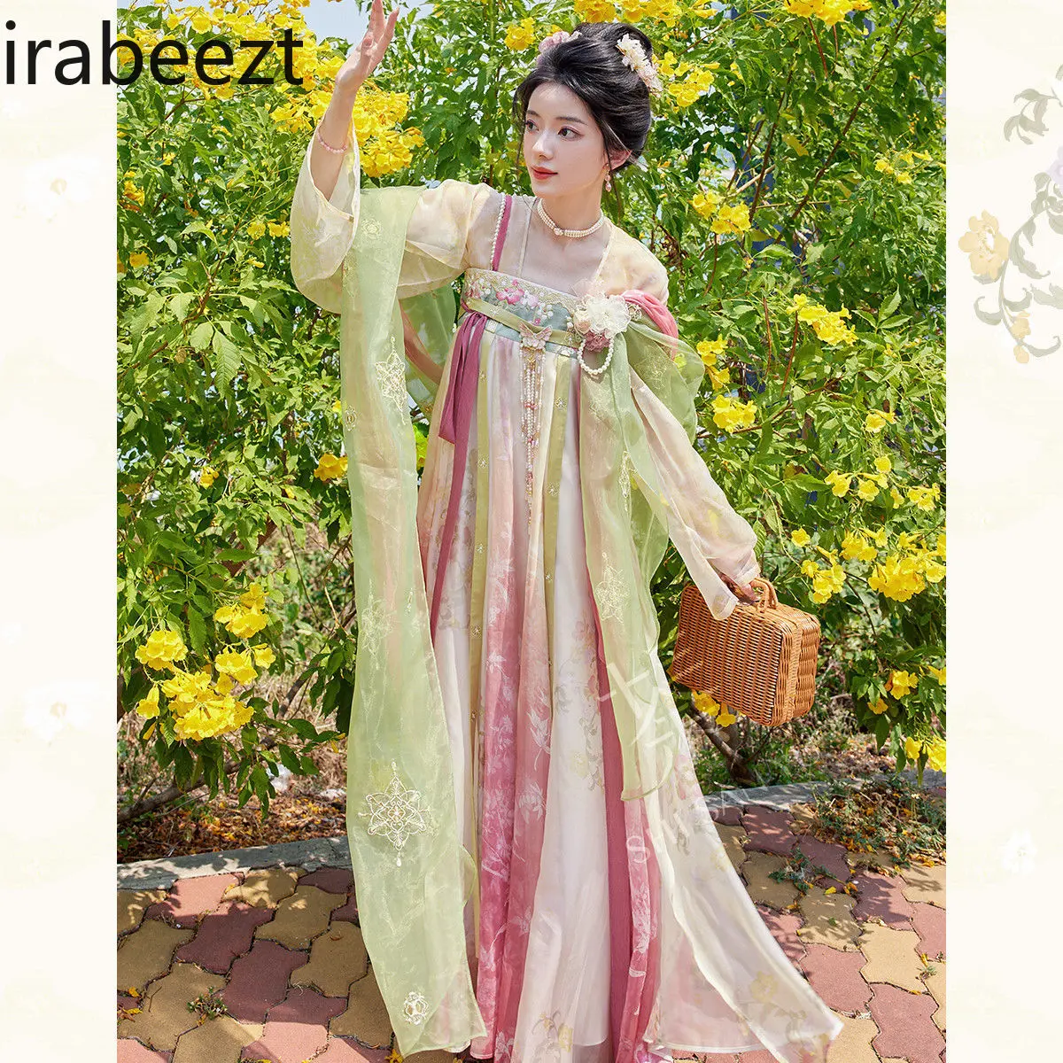 Chest-length Printed National Style Pleated Long Robe on Daily Tang-style Spring and Summer Hanfu Small Super Fairy Suit