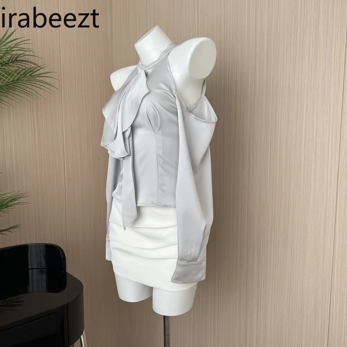 2025 Summer New Irregular Off-shoulder Halter Neck Satin Shirt Women Slim Fit Skirt Costume Deux Pieces Femme