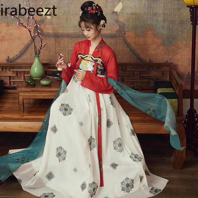 Original Tang Dynasty Thin Chest-length Skirt and Blouse Mid-Autumn Festival Set Girl Daily Chinese Traditional Dress Red Hanfu