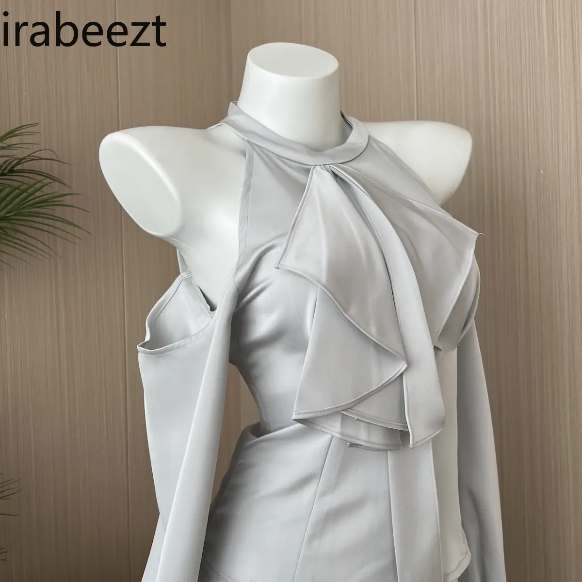 2025 Summer New Irregular Off-shoulder Halter Neck Satin Shirt Women Slim Fit Skirt Costume Deux Pieces Femme