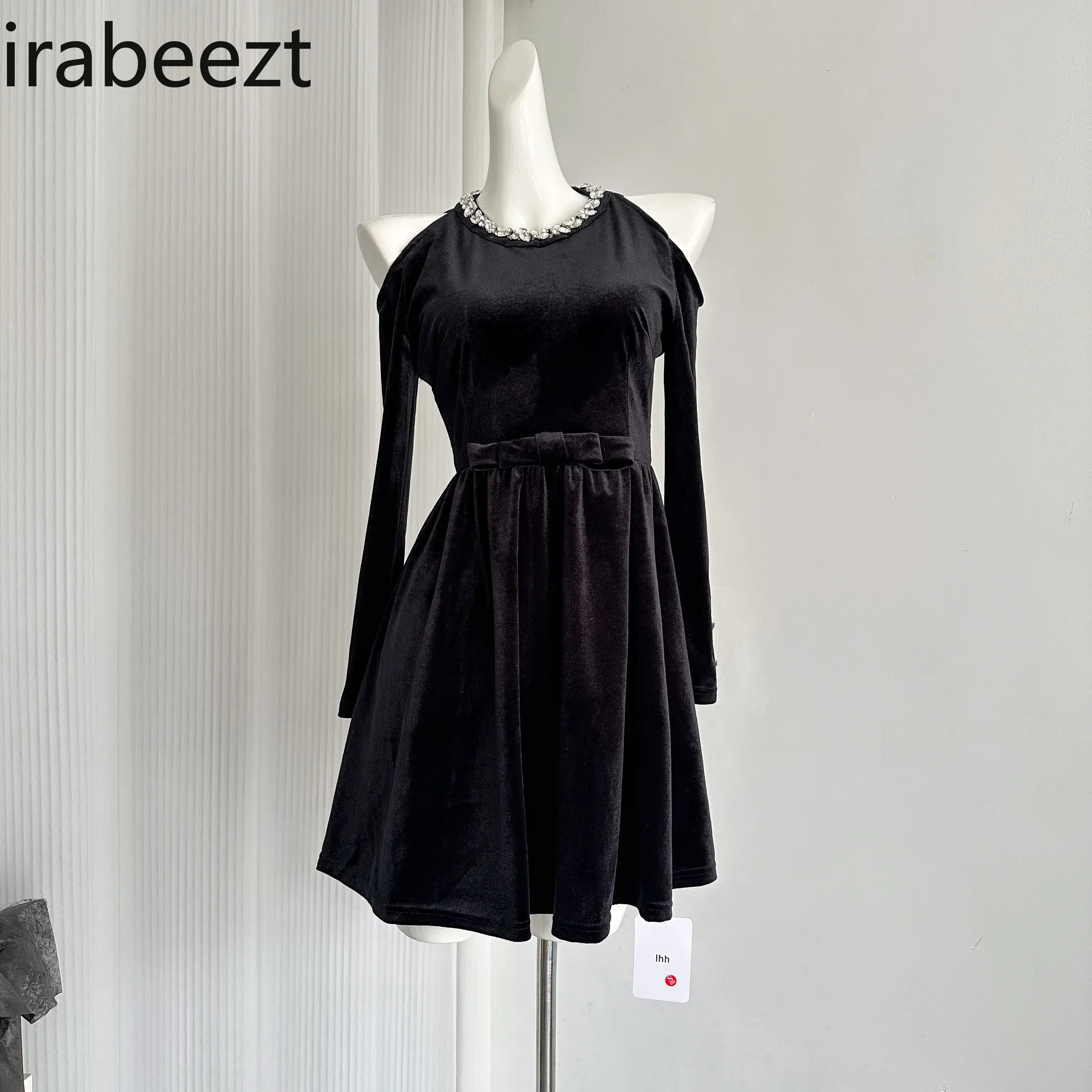 French Hepburn Style Off-the-shoulder Halter Robe Lady Velvet Little Black Long Sleeve Vintage Birthday Dress Vestido Feminino