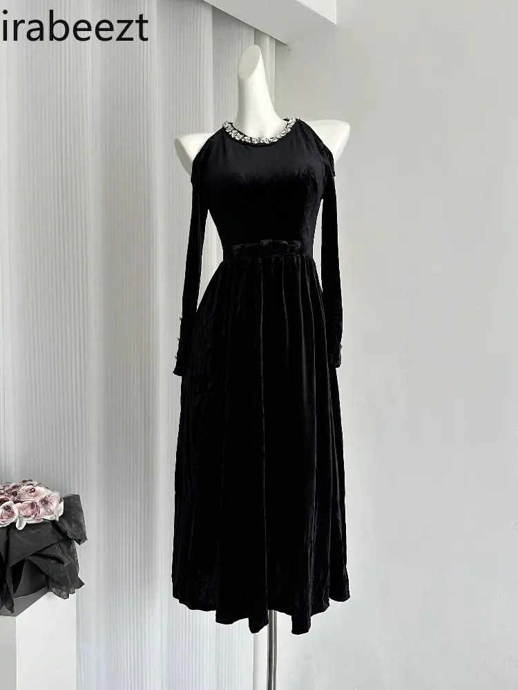 French Hepburn Style Off-the-shoulder Halter Robe Lady Velvet Little Black Long Sleeve Vintage Birthday Dress Vestido Feminino