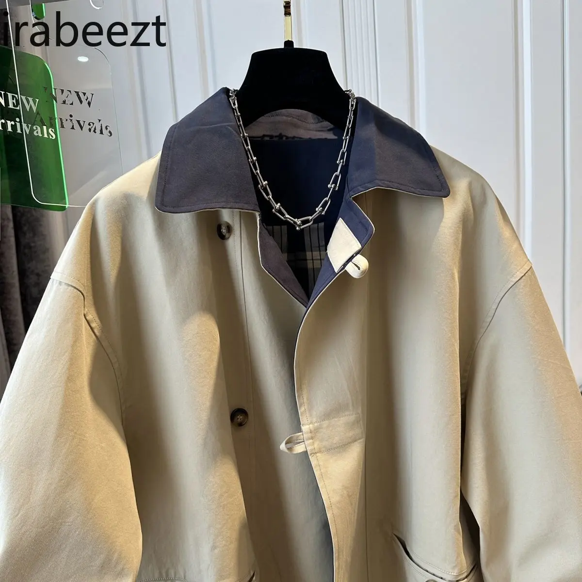 British Style Neckline Contrast Color in The Long Trench Coat Women 2024 Early Fall Loose Thin Large Size Casual Jackets