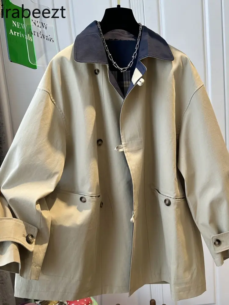 British Style Neckline Contrast Color in The Long Trench Coat Women 2024 Early Fall Loose Thin Large Size Casual Jackets