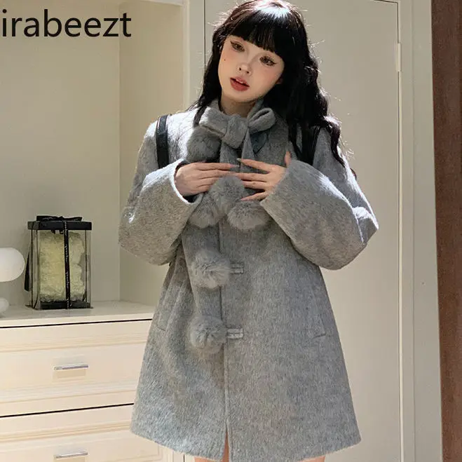 Bow Wool Cape Coat Women's New Small Korean Drama Cotton Wool Coat Autumn/Winter 2024 Fashion Jackets for Women