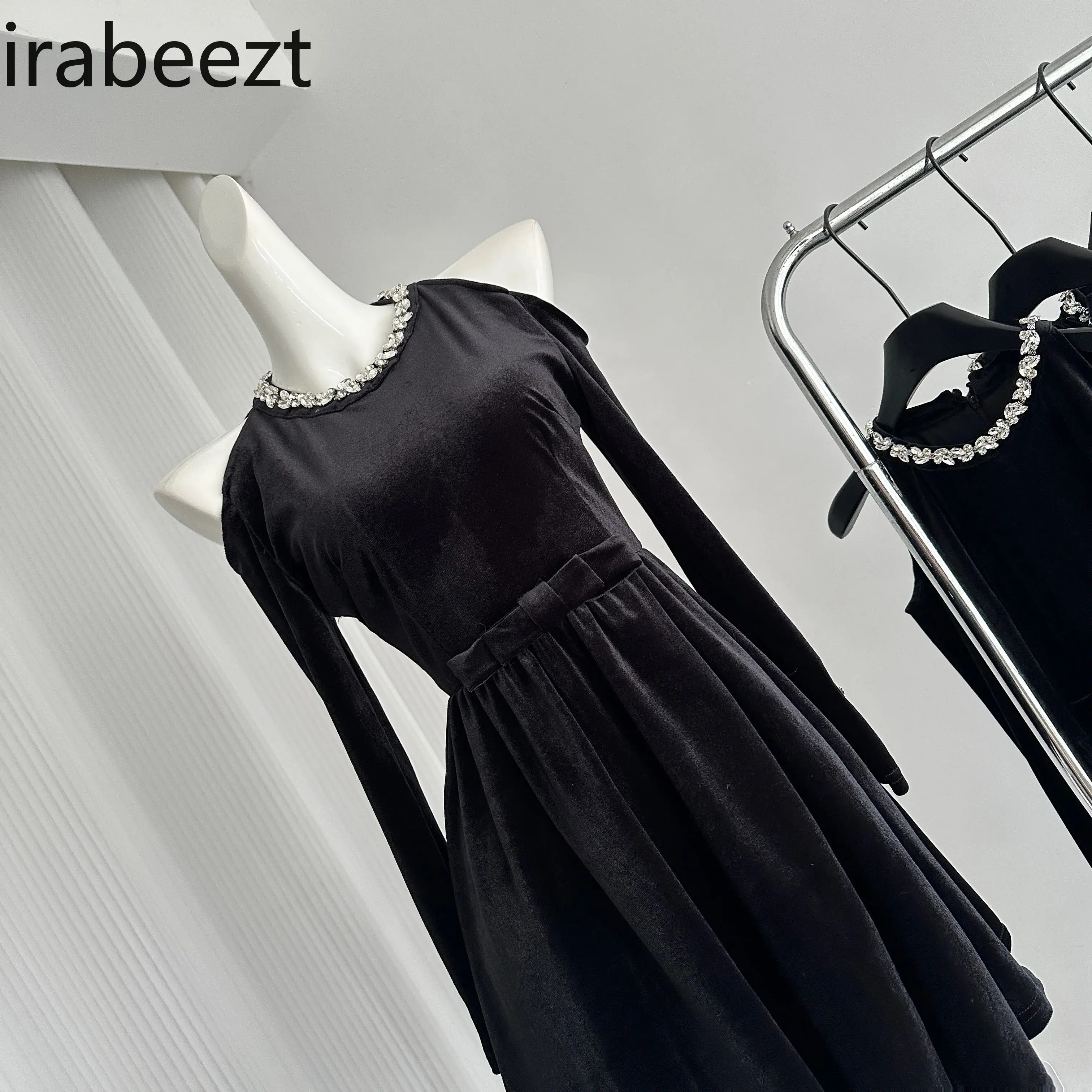 French Hepburn Style Off-the-shoulder Halter Robe Lady Velvet Little Black Long Sleeve Vintage Birthday Dress Vestido Feminino
