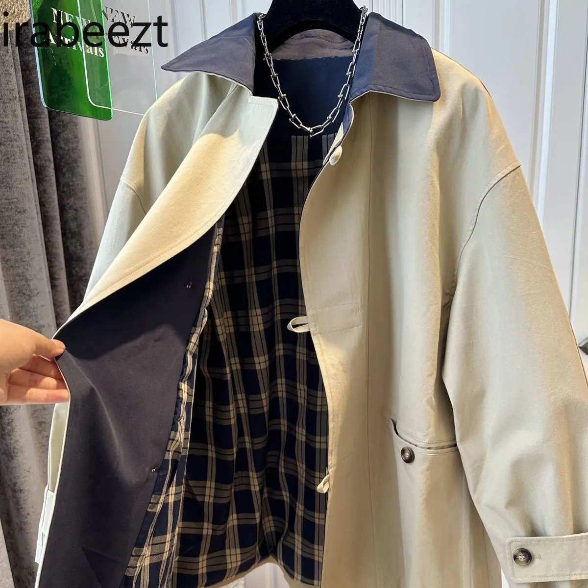 British Style Neckline Contrast Color in The Long Trench Coat Women 2024 Early Fall Loose Thin Large Size Casual Jackets