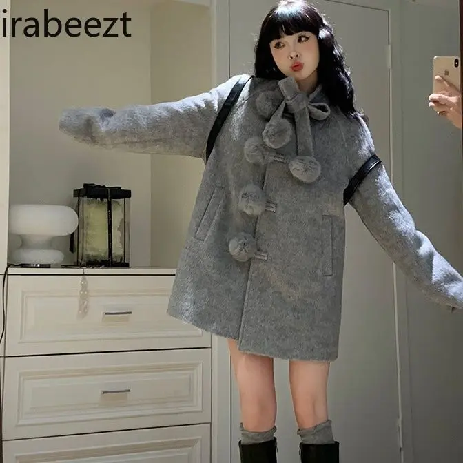 Bow Wool Cape Coat Women's New Small Korean Drama Cotton Wool Coat Autumn/Winter 2024 Fashion Jackets for Women