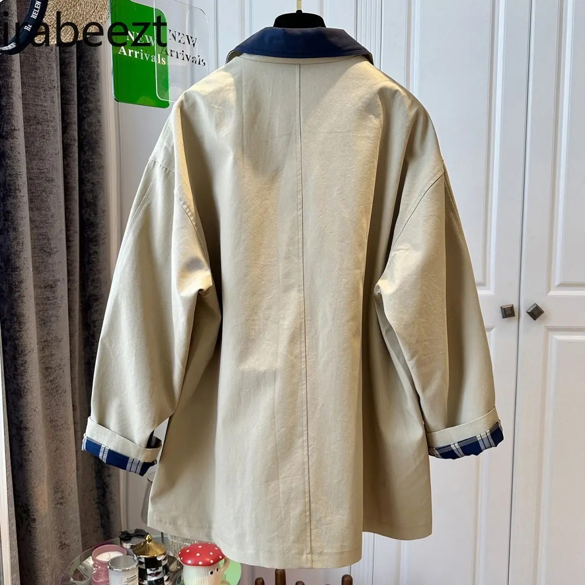 British Style Neckline Contrast Color in The Long Trench Coat Women 2024 Early Fall Loose Thin Large Size Casual Jackets