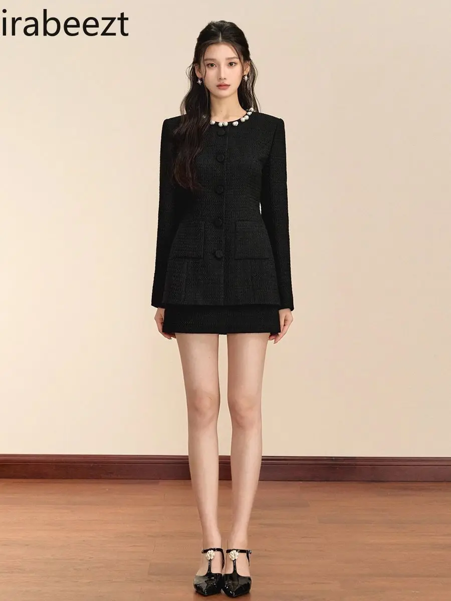 Black Coat Women 2024 New Autumn Winter Pearl Simple Waist Slimming Two-piece Set Temperament Mainland China Blazer Suit