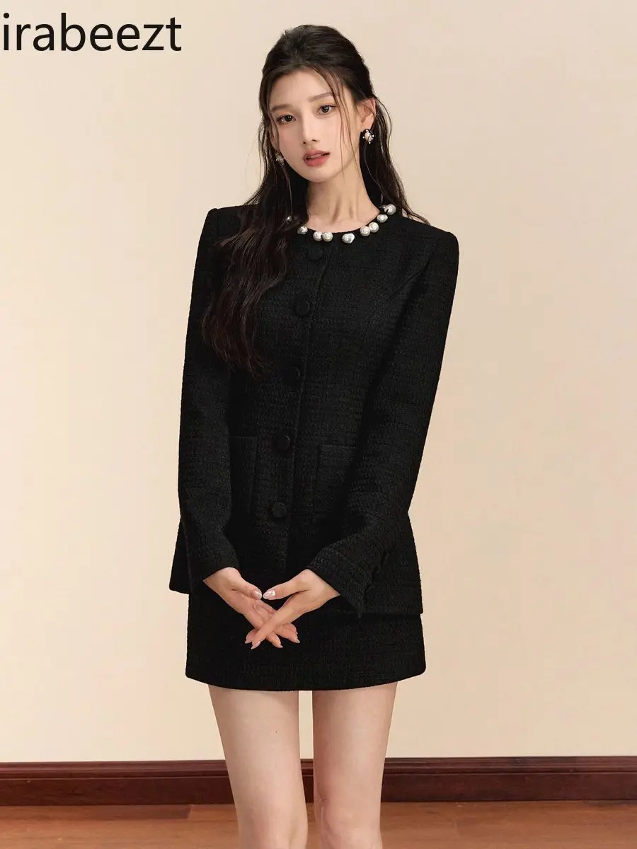Black Coat Women 2024 New Autumn Winter Pearl Simple Waist Slimming Two-piece Set Temperament Mainland China Blazer Suit