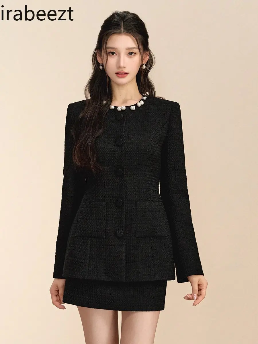 Black Coat Women 2024 New Autumn Winter Pearl Simple Waist Slimming Two-piece Set Temperament Mainland China Blazer Suit