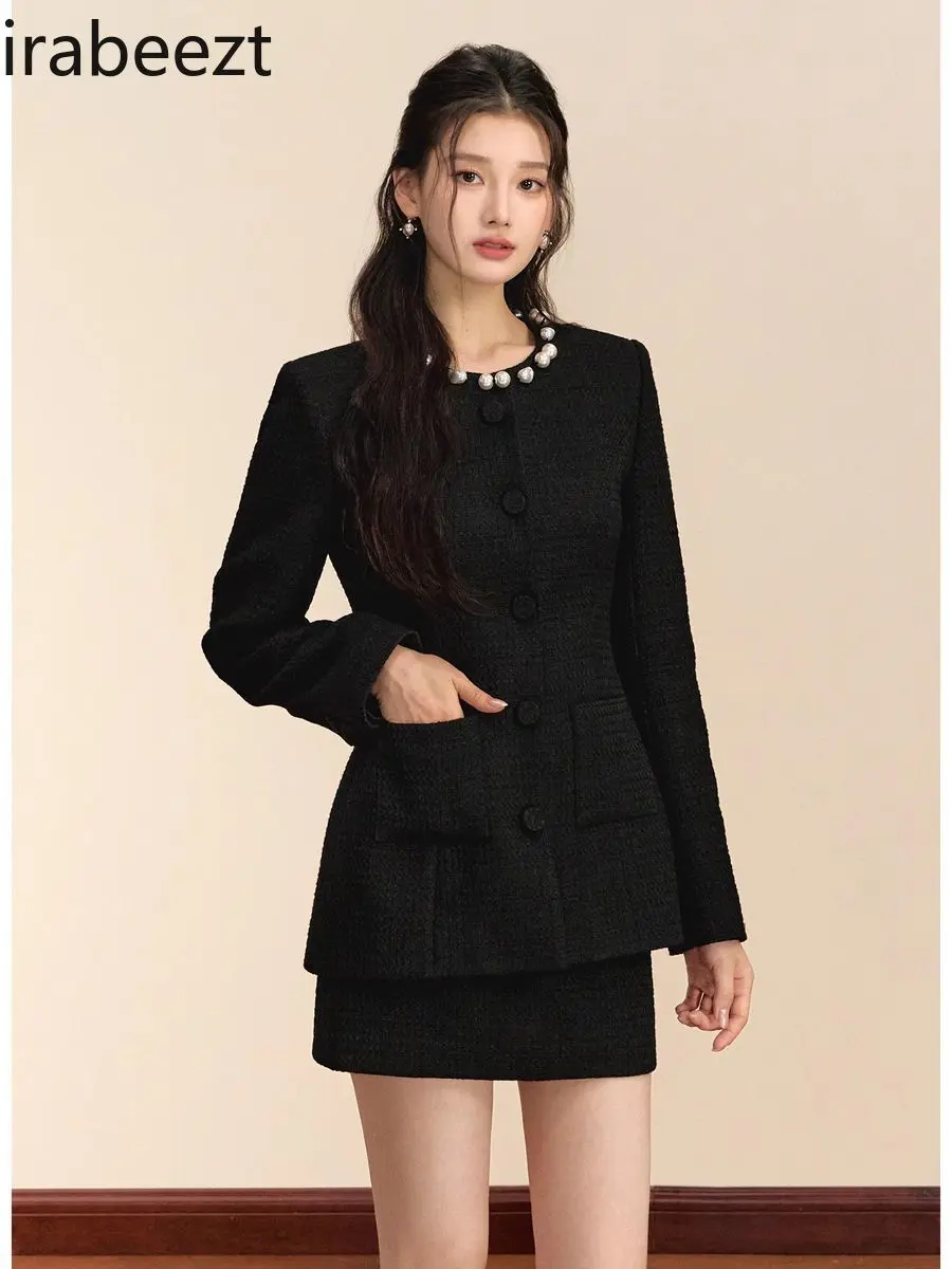Black Coat Women 2024 New Autumn Winter Pearl Simple Waist Slimming Two-piece Set Temperament Mainland China Blazer Suit