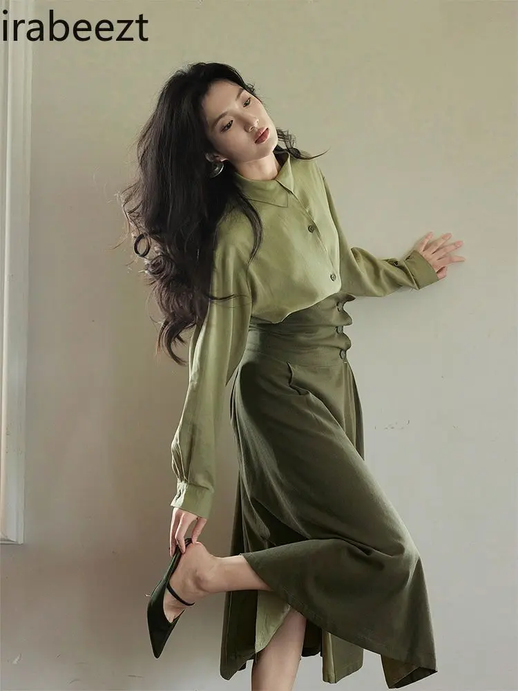2025 Spring Light Green Temperament Shirt Outerwear Simple Retro Asymmetric Collar Commuter Dark Brown Half-length Skirt Suit
