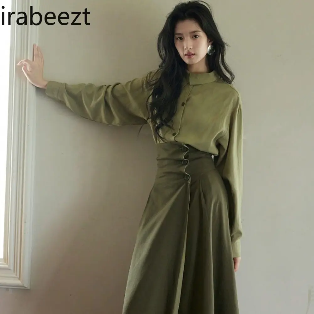 2025 Spring Light Green Temperament Shirt Outerwear Simple Retro Asymmetric Collar Commuter Dark Brown Half-length Skirt Suit