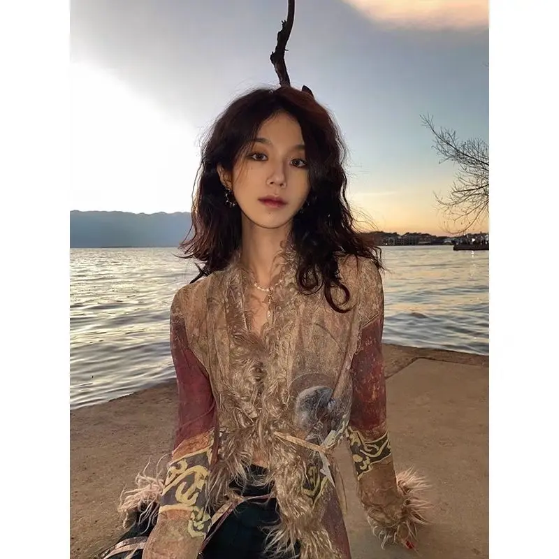 French Design Retro Ethnic Style Printed Mesh Cardigan Top Elastic Jacket Casaco Feminino De Inverno Super Quente Coat Women