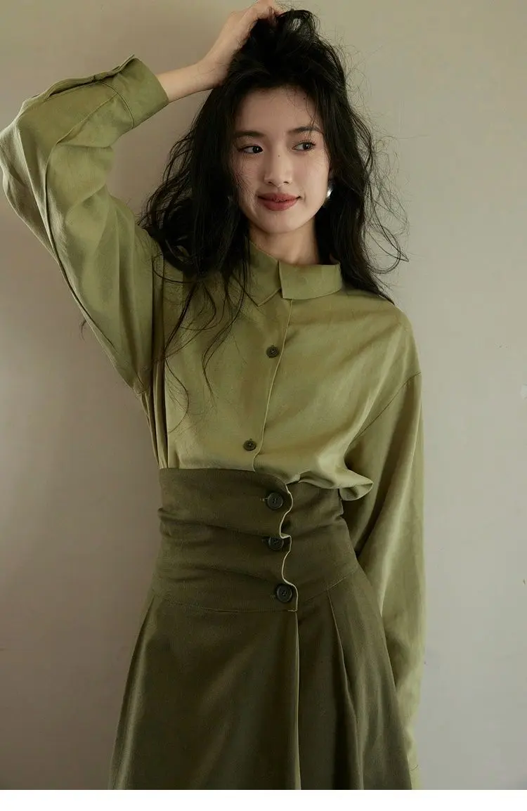 2025 Spring Light Green Temperament Shirt Outerwear Simple Retro Asymmetric Collar Commuter Dark Brown Half-length Skirt Suit