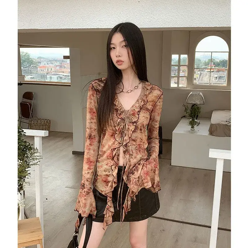 Irregular Tops Women Shirts Ruffles Long Sleeve Printed Mesh Blouses Vintage Hot Girls Chic Shirt Spring Fashion Tops Clothes