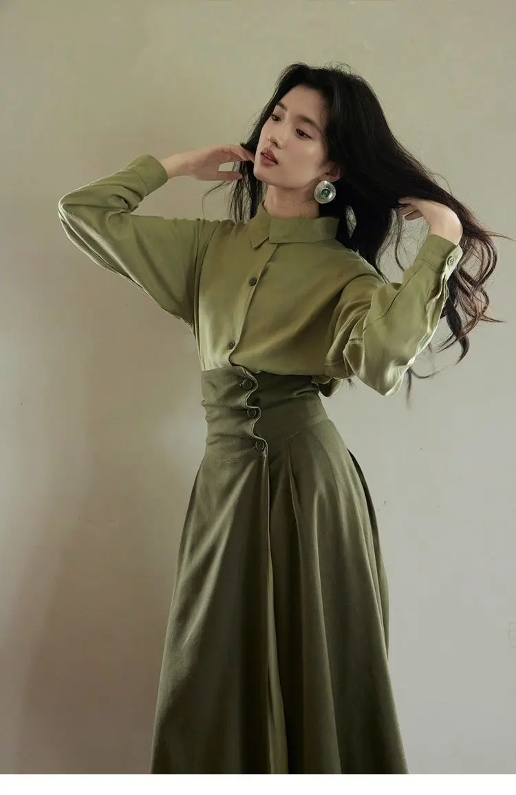 2025 Spring Light Green Temperament Shirt Outerwear Simple Retro Asymmetric Collar Commuter Dark Brown Half-length Skirt Suit