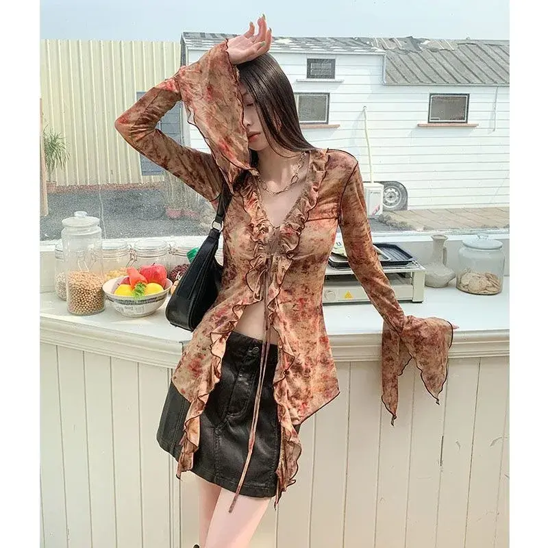 Irregular Tops Women Shirts Ruffles Long Sleeve Printed Mesh Blouses Vintage Hot Girls Chic Shirt Spring Fashion Tops Clothes