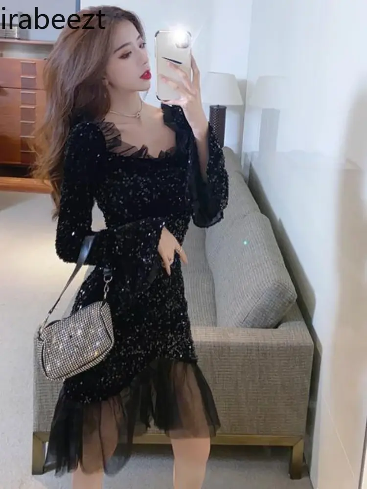 Celebrity Style Fashion Design Sequin Trumpet Sleeve Glitter Fishtail Mesh Patchwork Slimming Robe Woman Sexi Night Dress Hot