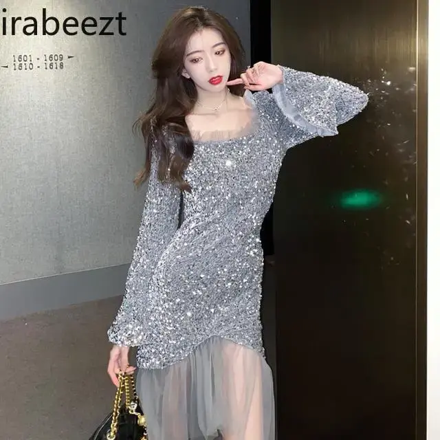Celebrity Style Fashion Design Sequin Trumpet Sleeve Glitter Fishtail Mesh Patchwork Slimming Robe Woman Sexi Night Dress Hot