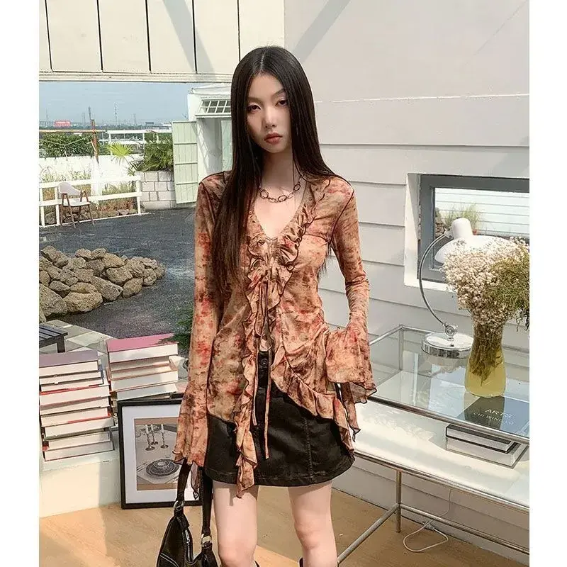 Irregular Tops Women Shirts Ruffles Long Sleeve Printed Mesh Blouses Vintage Hot Girls Chic Shirt Spring Fashion Tops Clothes