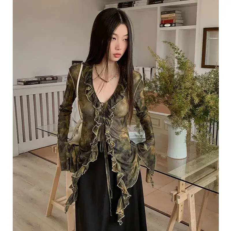 Irregular Tops Women Shirts Ruffles Long Sleeve Printed Mesh Blouses Vintage Hot Girls Chic Shirt Spring Fashion Tops Clothes