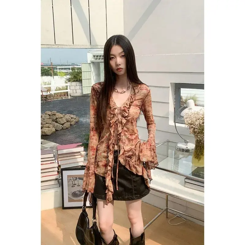 Irregular Tops Women Shirts Ruffles Long Sleeve Printed Mesh Blouses Vintage Hot Girls Chic Shirt Spring Fashion Tops Clothes