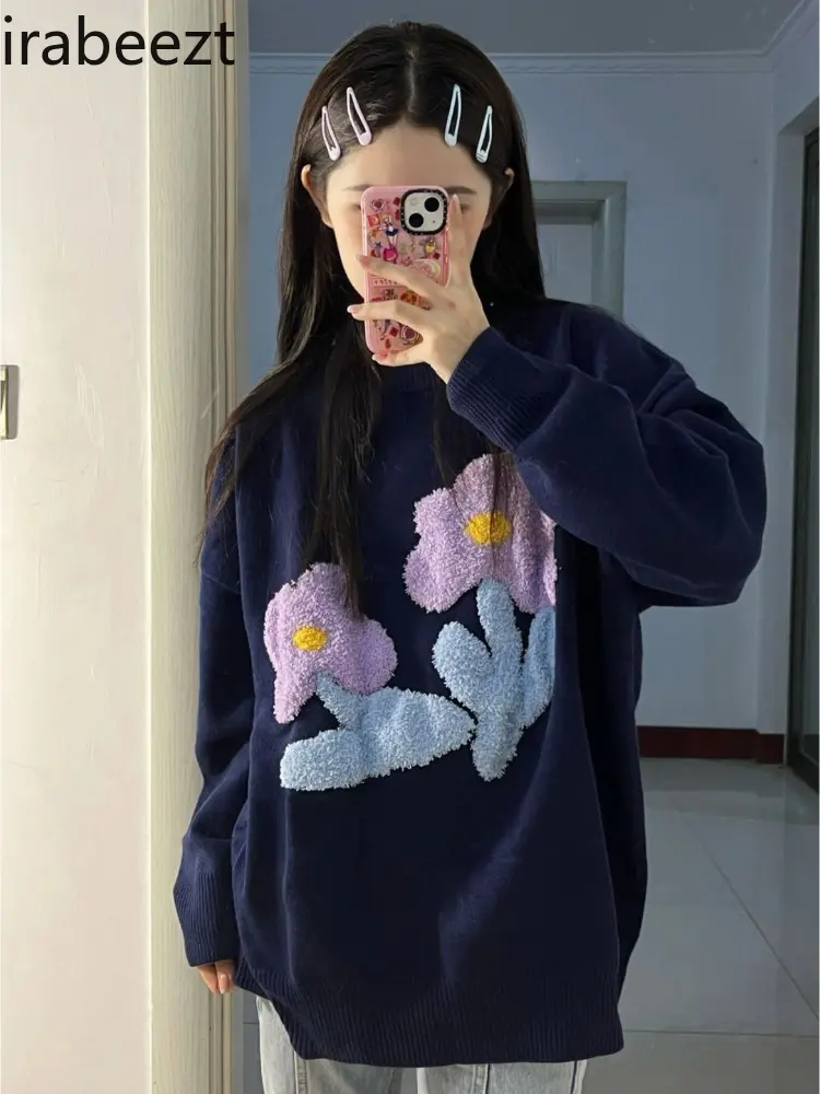 Vintage Navy Blue Sweater Women's Spring and Autumn Loose Preppy Design Sense of Knitted Flowers Round Neck Pullover Top