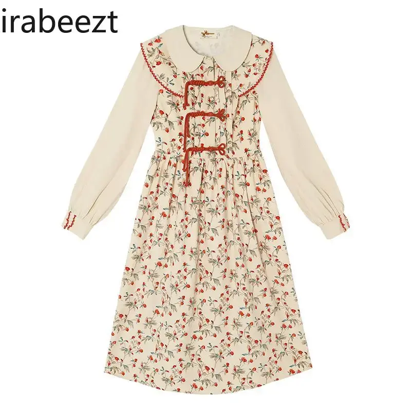 Big Size Women's Doll Collar Fake Two Floral Gown Cover Belly Thin Pastoral Style Sweet Age Reduction Long Vintage Dress