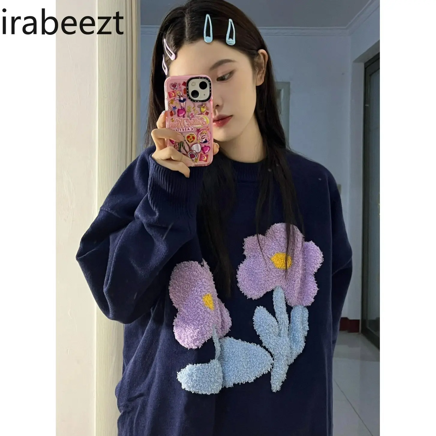 Vintage Navy Blue Sweater Women's Spring and Autumn Loose Preppy Design Sense of Knitted Flowers Round Neck Pullover Top
