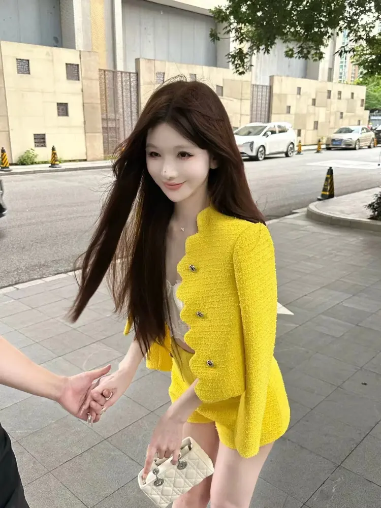 Girls New Elegant Style Wave Design Short Coat Shorts Women Шорты Женские Летние Summer Shorts Slim Fit Two Piece Set