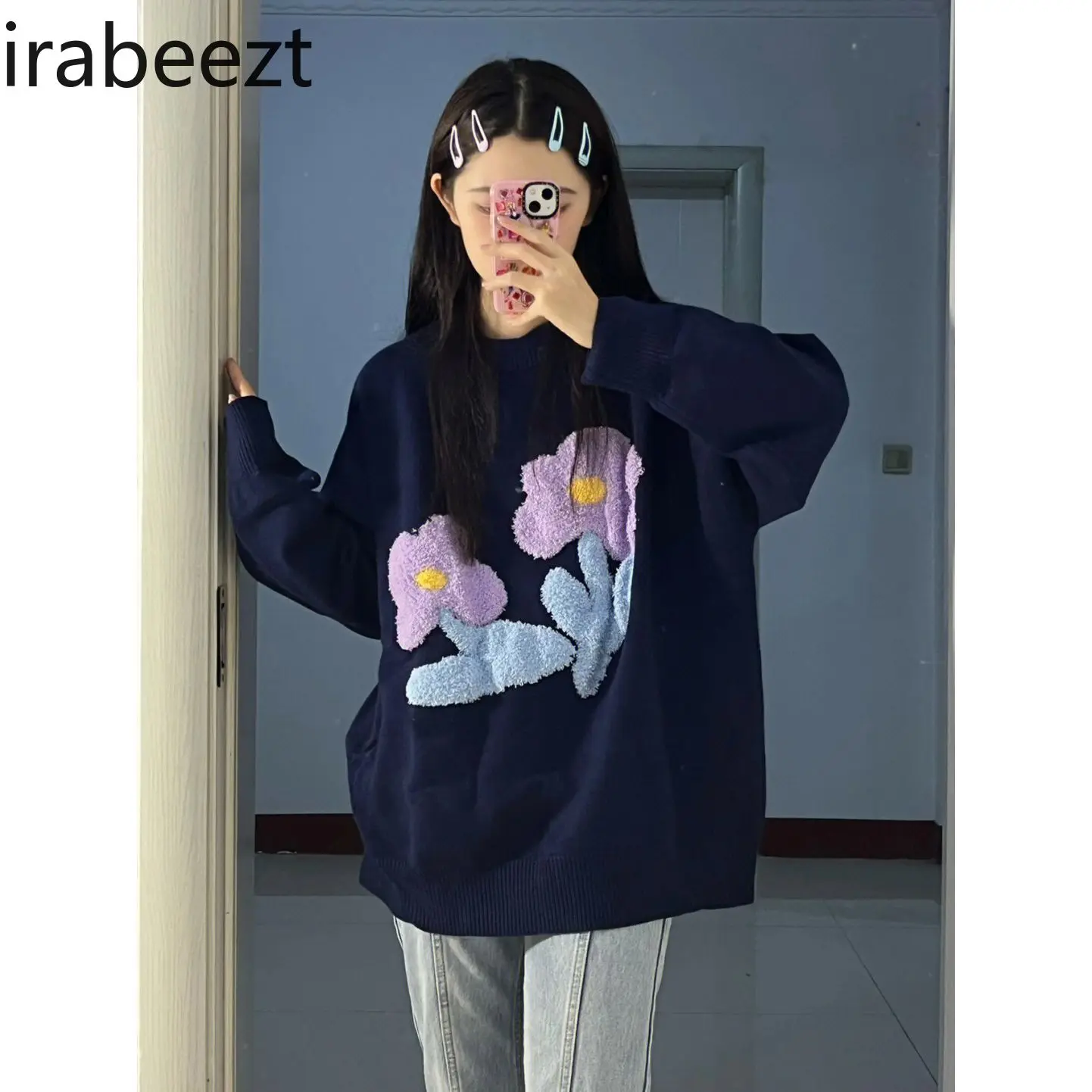 Vintage Navy Blue Sweater Women's Spring and Autumn Loose Preppy Design Sense of Knitted Flowers Round Neck Pullover Top