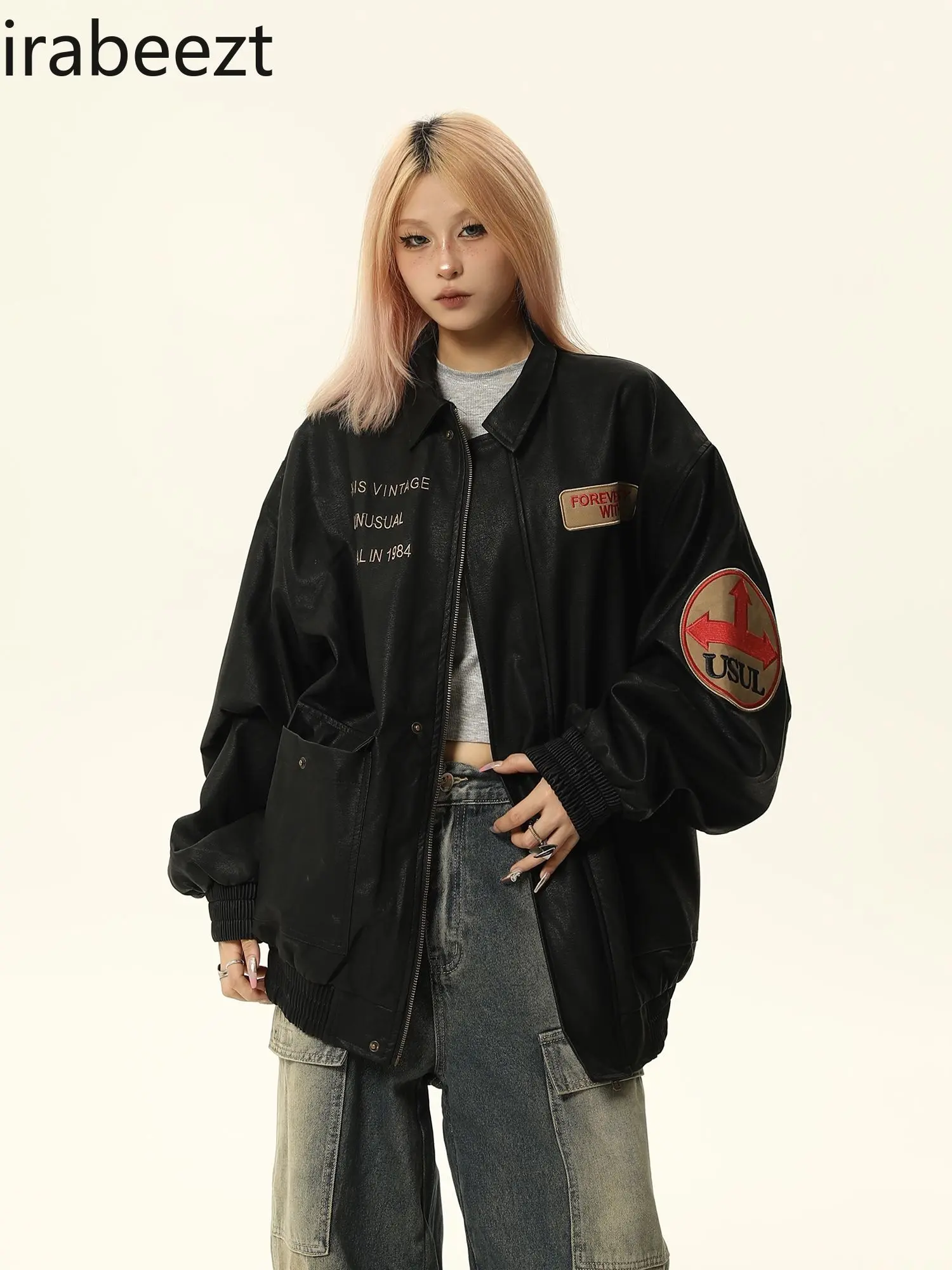 American Vintage PU Leather Jacket Men's and Women's Vintage Maillard Loose Fashion Couple Baseball Chaquetas Coat