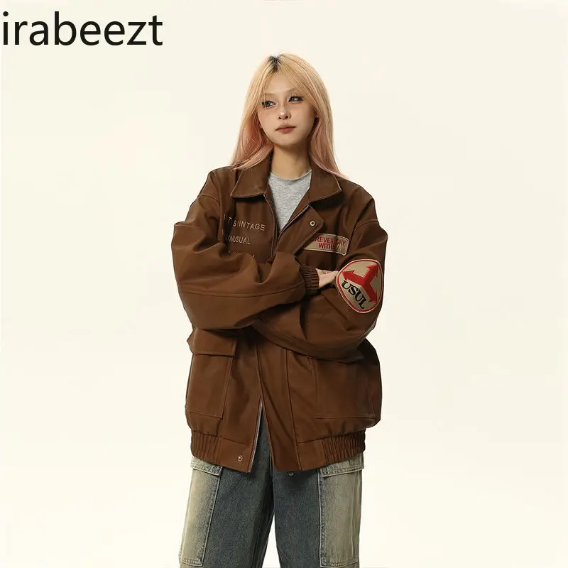 American Vintage PU Leather Jacket Men's and Women's Vintage Maillard Loose Fashion Couple Baseball Chaquetas Coat