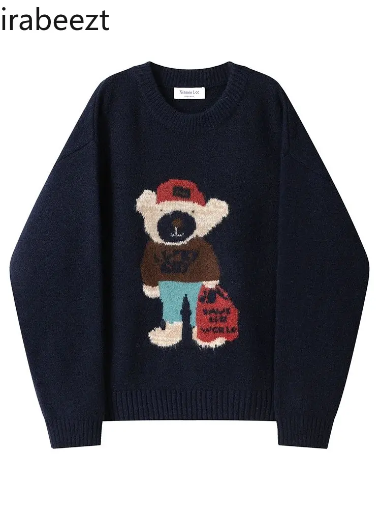 Retro Round Neck Bear Sweater Coat Autumn and Winter Women's Loose Casual Versatile Super Nice-looking Top Pulls
