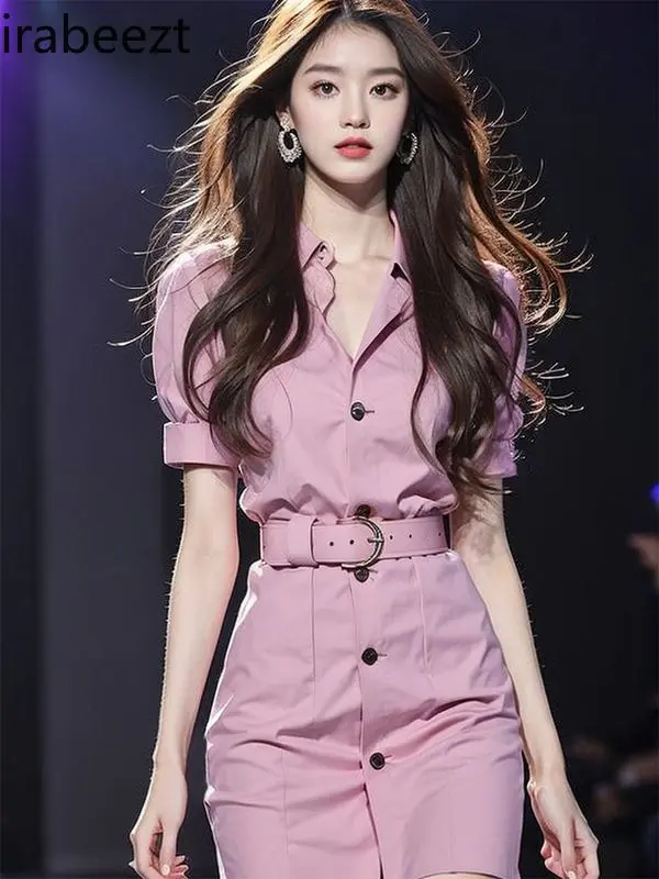 French Style Waist-cinching Beautiful High-end Exquisite Robe Super Good-looking Cool Pink Shirt Dress for Women Summer