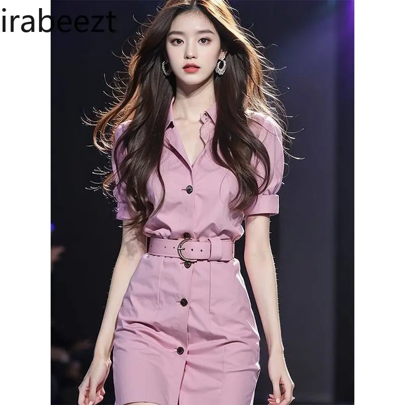 French Style Waist-cinching Beautiful High-end Exquisite Robe Super Good-looking Cool Pink Shirt Dress for Women Summer