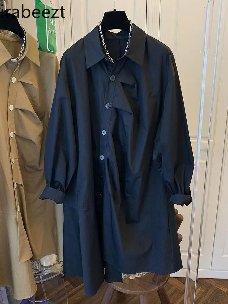 Autumn Loose Casual Cotton Design Sense of Small Skirt Vintage Temperament Diagonal Buckle Irregular Long-sleeved Dress