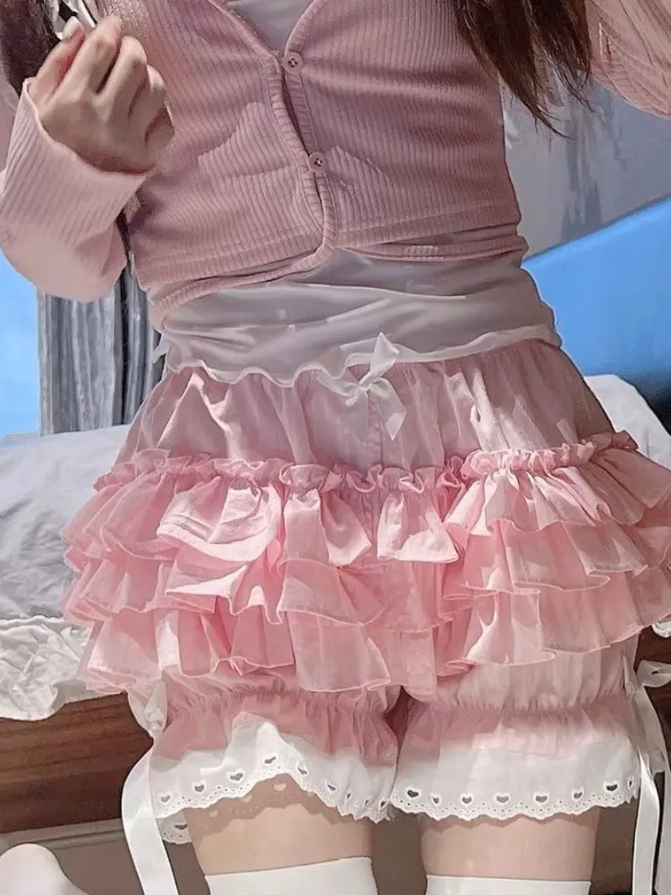 New Soft Pink Lolita Pumpkin Pants Cute Girl Mainland China  Fashion Design Casual Ruffle Edge Shorts for Women