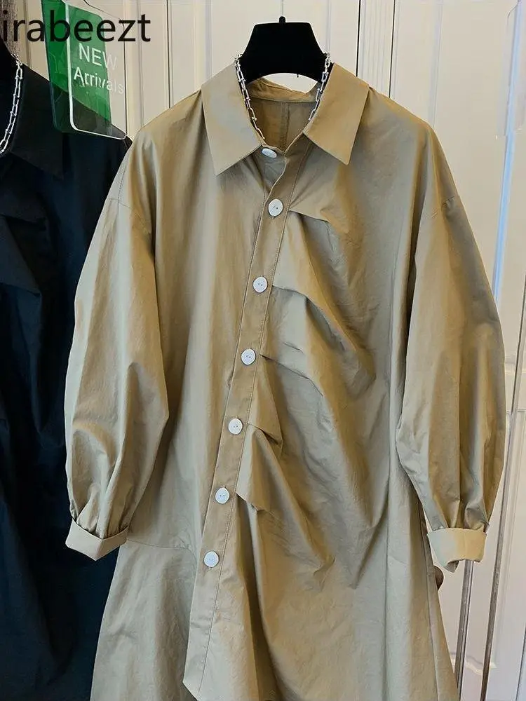 Autumn Loose Casual Cotton Design Sense of Small Skirt Vintage Temperament Diagonal Buckle Irregular Long-sleeved Dress