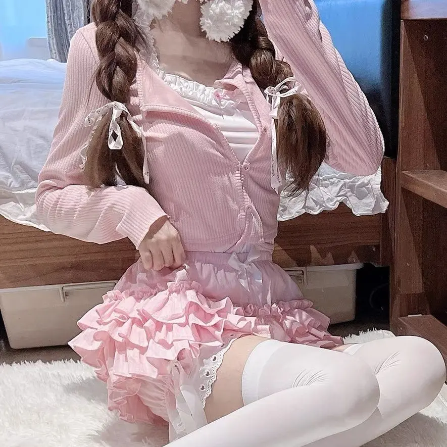 New Soft Pink Lolita Pumpkin Pants Cute Girl Mainland China  Fashion Design Casual Ruffle Edge Shorts for Women