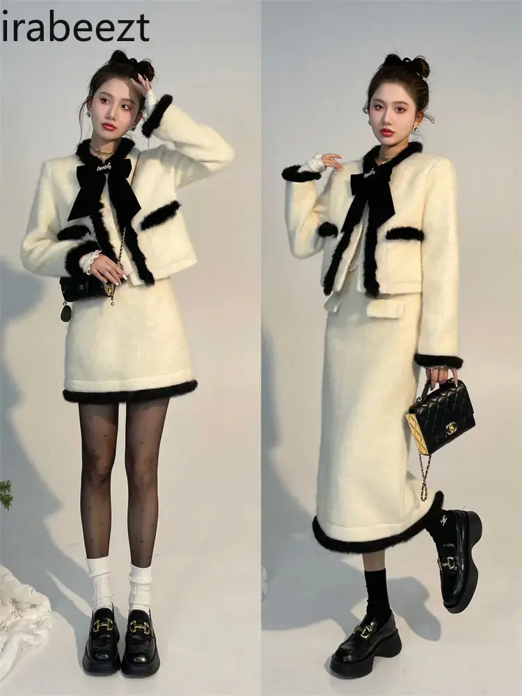 Autumn and Winter Festival Atmosphere Premium Eelgant Thick Coat with Half Skirt Two-piece Set Conjuntos Feminino Elegante